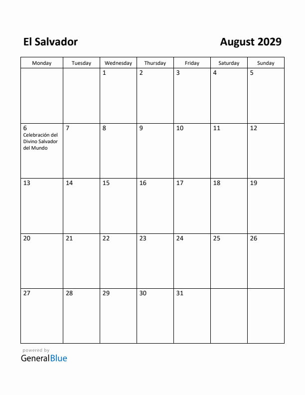 August 2029 Calendar with El Salvador Holidays