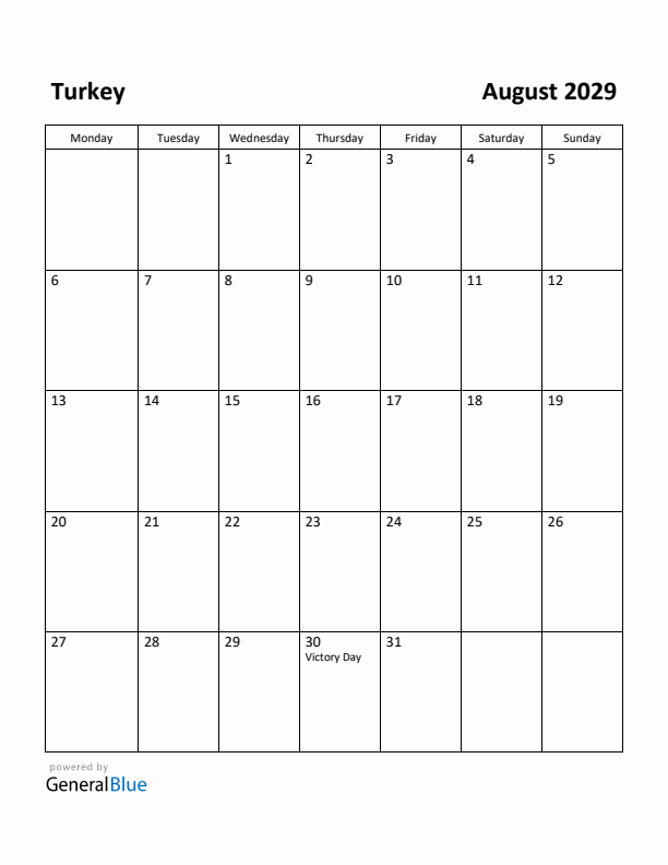 August 2029 Calendar with Turkey Holidays