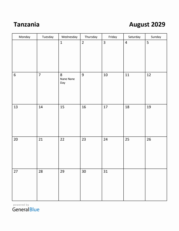 August 2029 Calendar with Tanzania Holidays