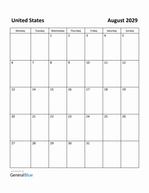 August 2029 Calendar with United States Holidays