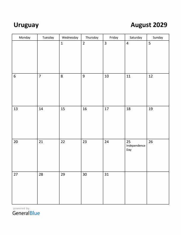 August 2029 Calendar with Uruguay Holidays