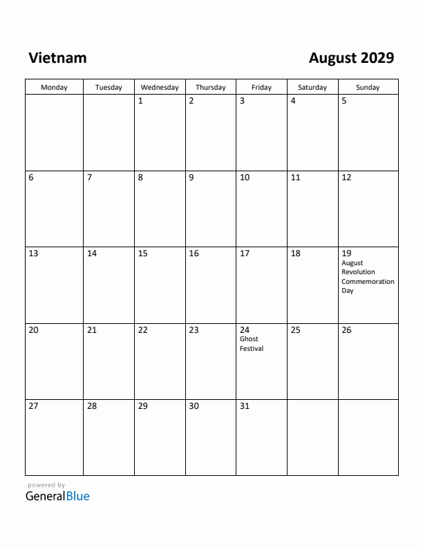 August 2029 Calendar with Vietnam Holidays