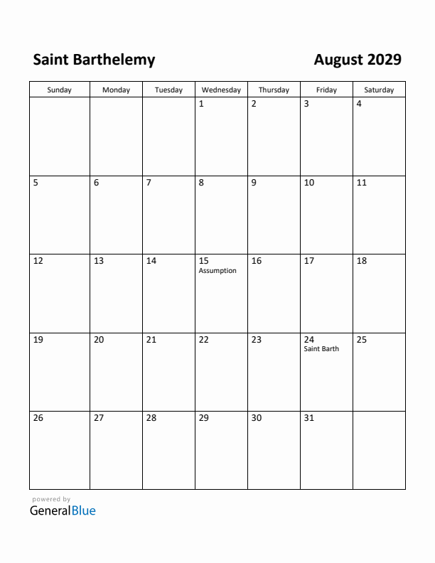 August 2029 Calendar with Saint Barthelemy Holidays