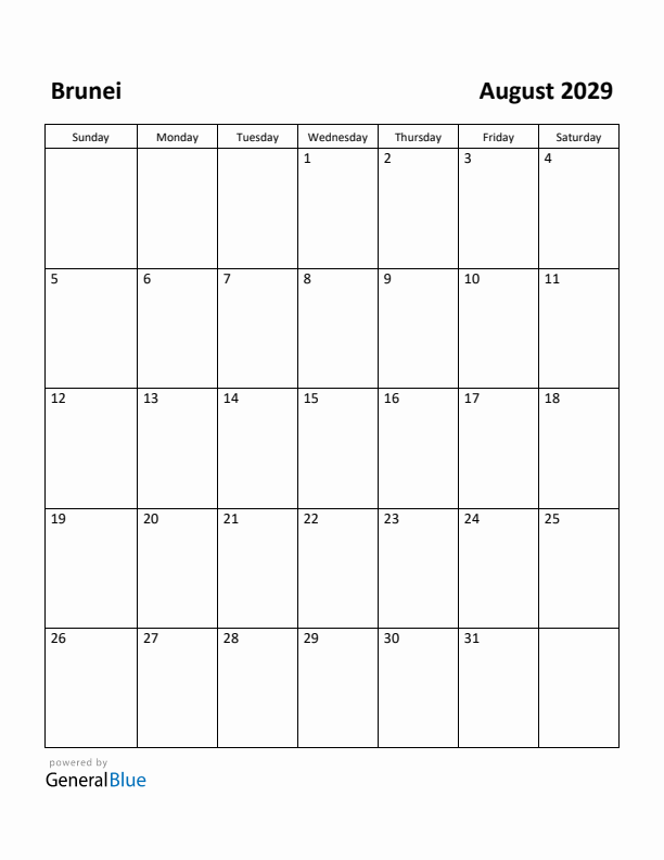 August 2029 Calendar with Brunei Holidays