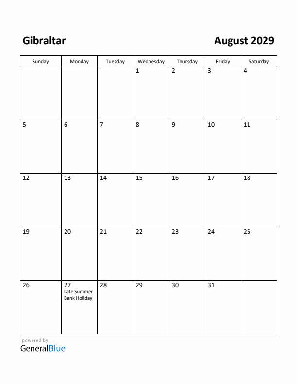 August 2029 Calendar with Gibraltar Holidays