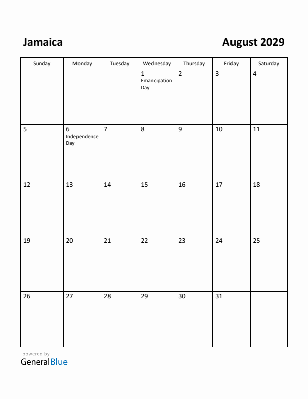 August 2029 Calendar with Jamaica Holidays