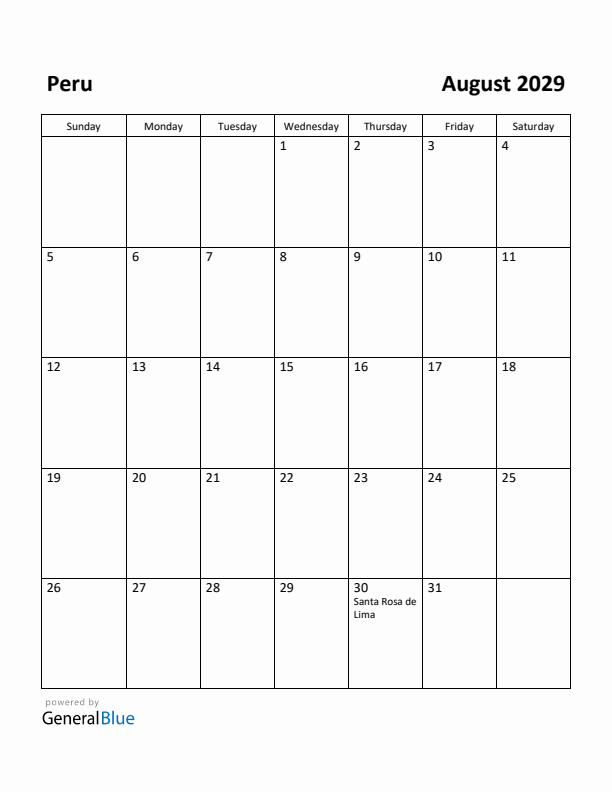 August 2029 Calendar with Peru Holidays