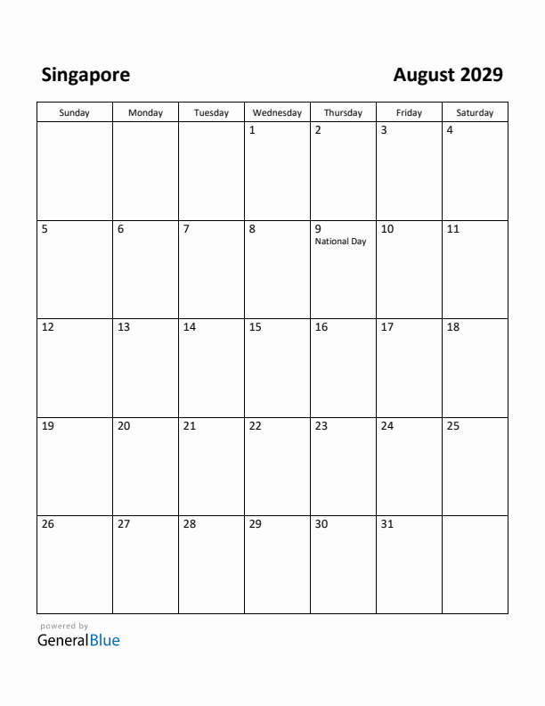 August 2029 Calendar with Singapore Holidays