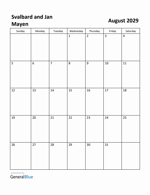 August 2029 Calendar with Svalbard and Jan Mayen Holidays