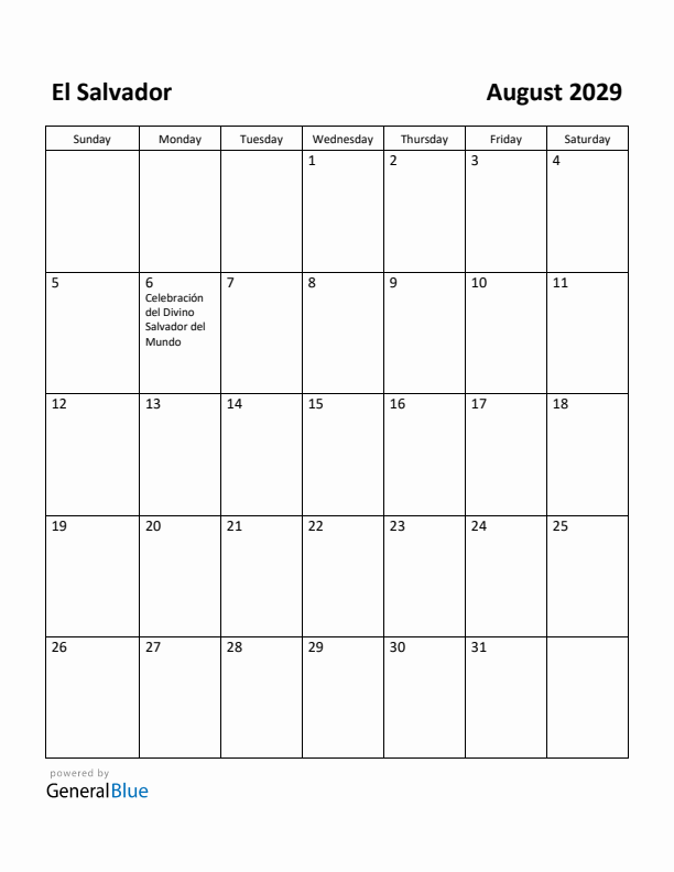 August 2029 Calendar with El Salvador Holidays