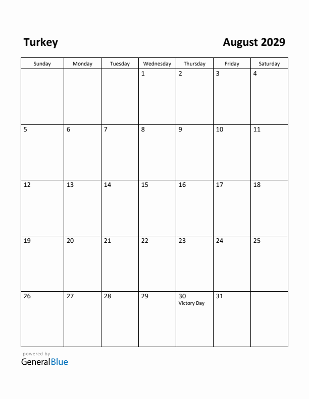 August 2029 Calendar with Turkey Holidays