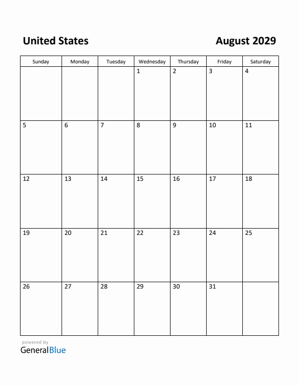 August 2029 Calendar with United States Holidays