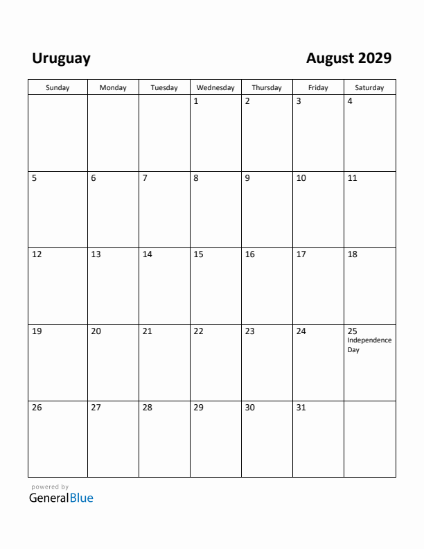 August 2029 Calendar with Uruguay Holidays