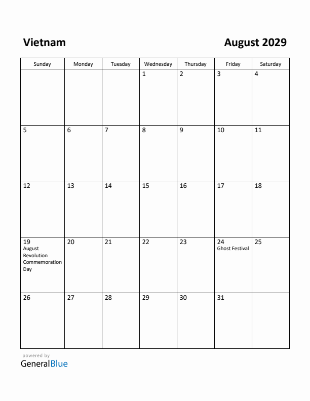 August 2029 Calendar with Vietnam Holidays