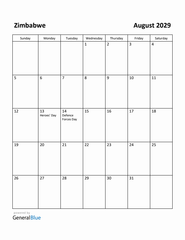 August 2029 Calendar with Zimbabwe Holidays