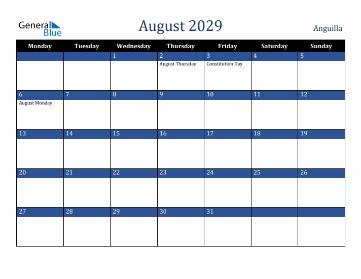 August 2029 Anguilla Calendar (Monday Start)