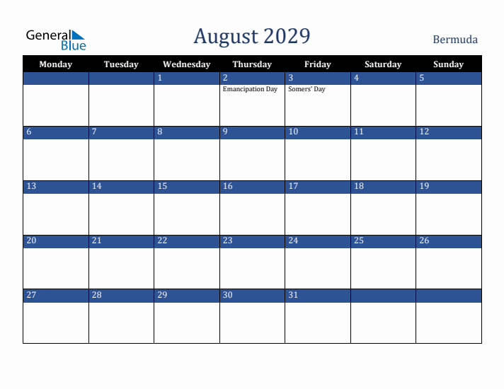 August 2029 Bermuda Calendar (Monday Start)