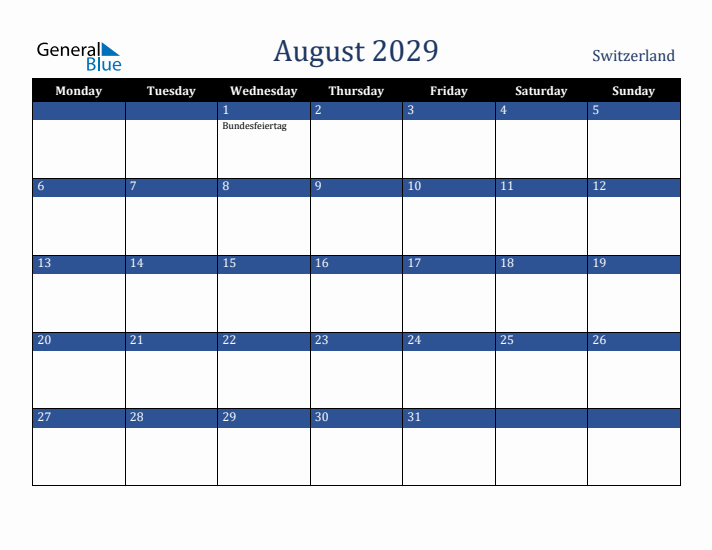 August 2029 Switzerland Calendar (Monday Start)