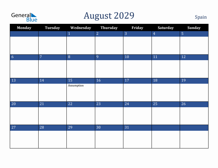 August 2029 Spain Calendar (Monday Start)