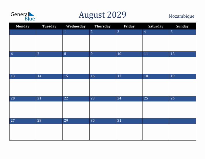 August 2029 Mozambique Calendar (Monday Start)