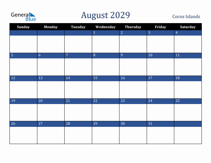 August 2029 Cocos Islands Calendar (Sunday Start)