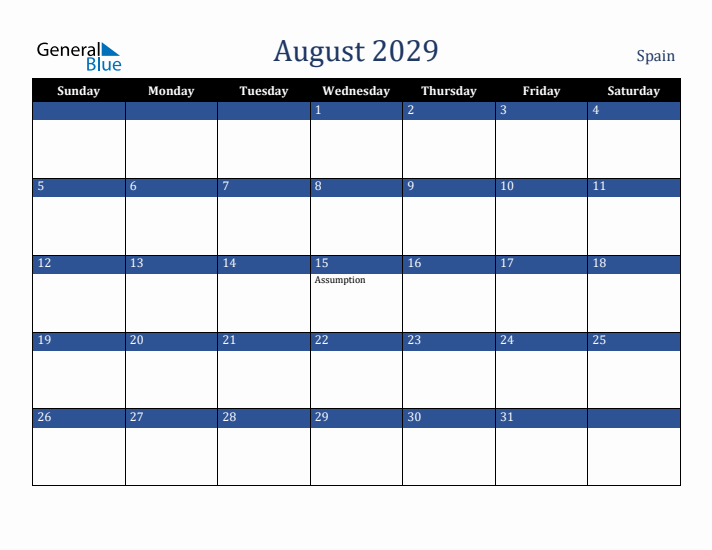 August 2029 Spain Calendar (Sunday Start)