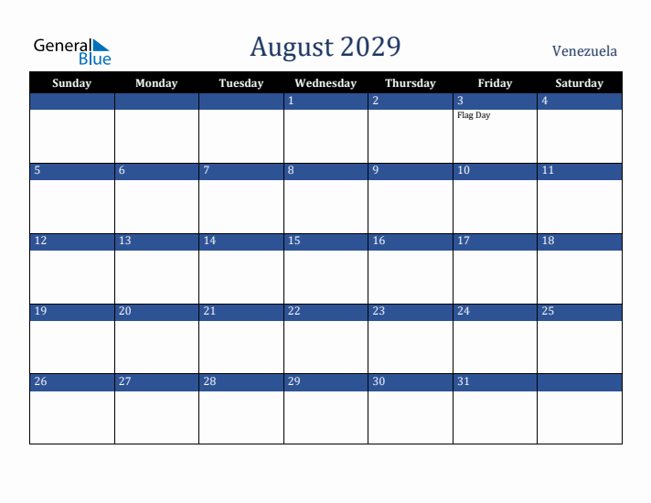 August 2029 Venezuela Calendar (Sunday Start)