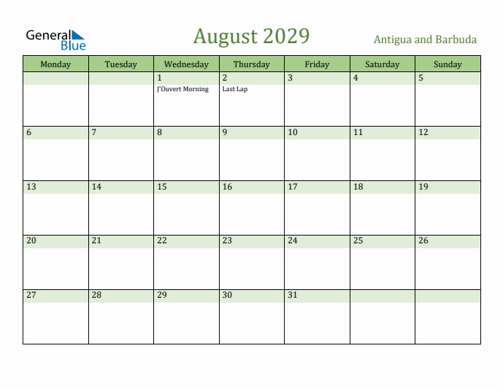 August 2029 Calendar with Antigua and Barbuda Holidays