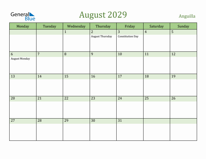 August 2029 Calendar with Anguilla Holidays