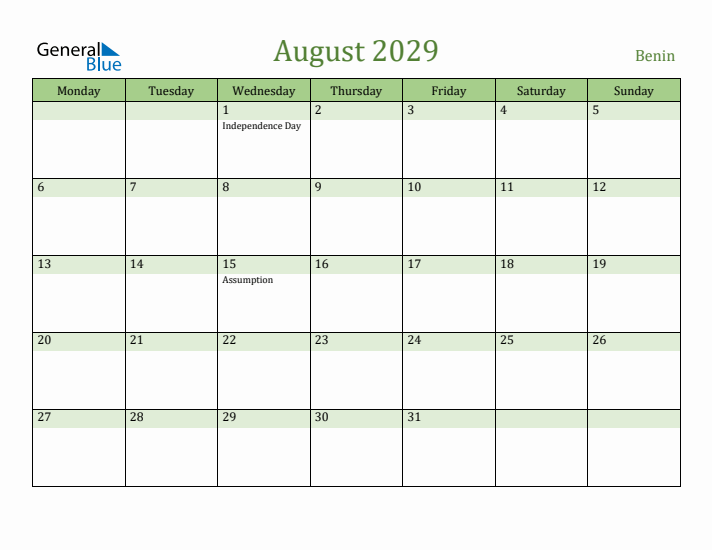 August 2029 Calendar with Benin Holidays