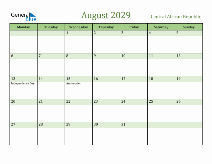 August 2029 Calendar with Central African Republic Holidays