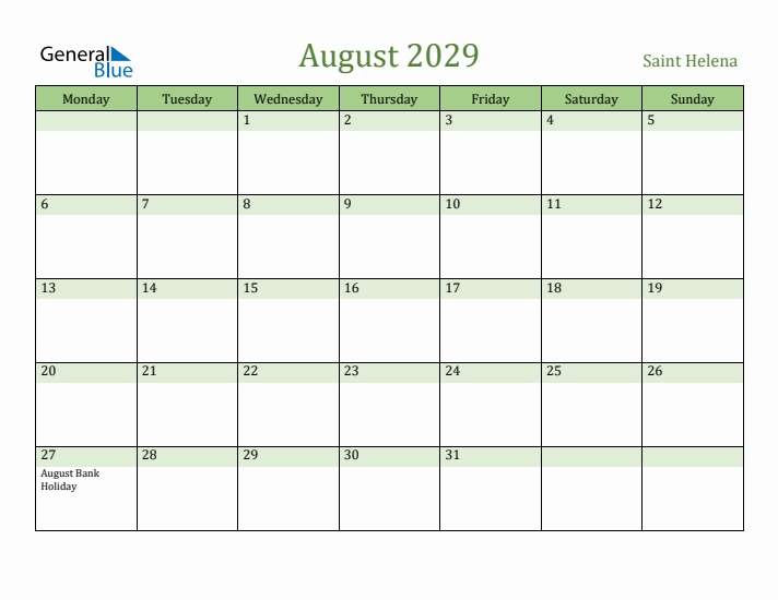 August 2029 Calendar with Saint Helena Holidays