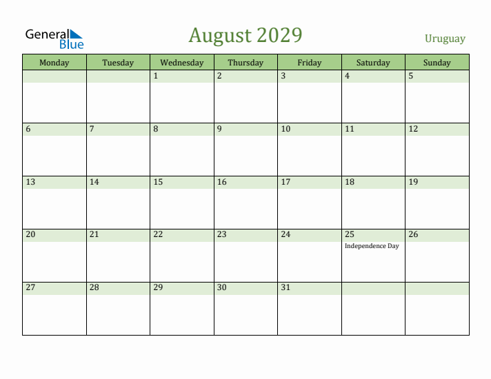 August 2029 Calendar with Uruguay Holidays