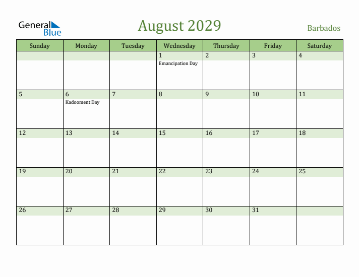 August 2029 Calendar with Barbados Holidays