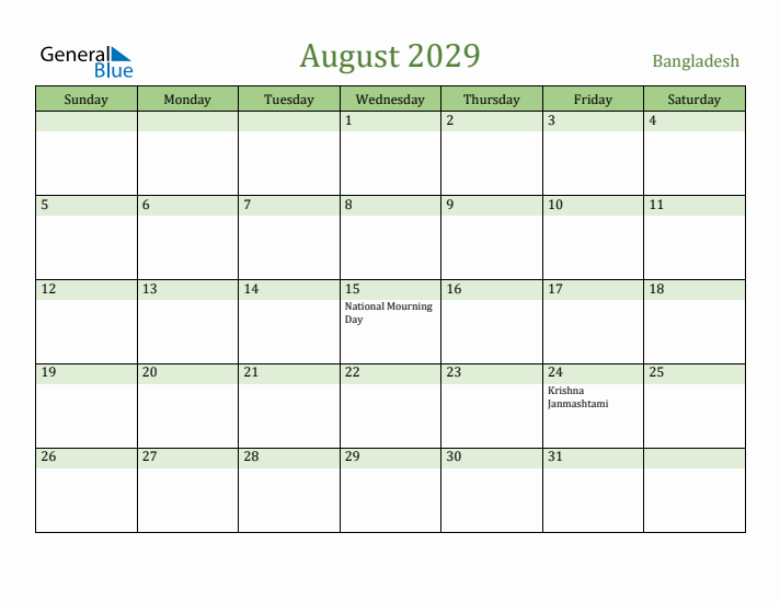 August 2029 Calendar with Bangladesh Holidays