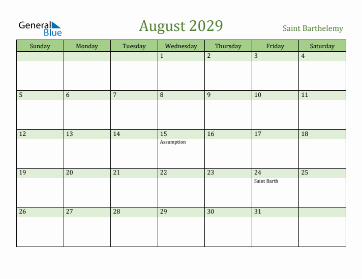 August 2029 Calendar with Saint Barthelemy Holidays