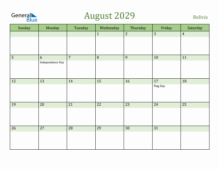 August 2029 Calendar with Bolivia Holidays