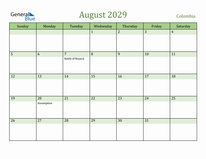 August 2029 Calendar with Colombia Holidays