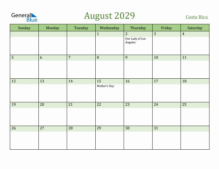 August 2029 Calendar with Costa Rica Holidays