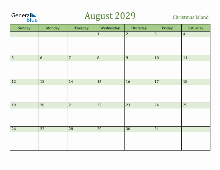 August 2029 Calendar with Christmas Island Holidays