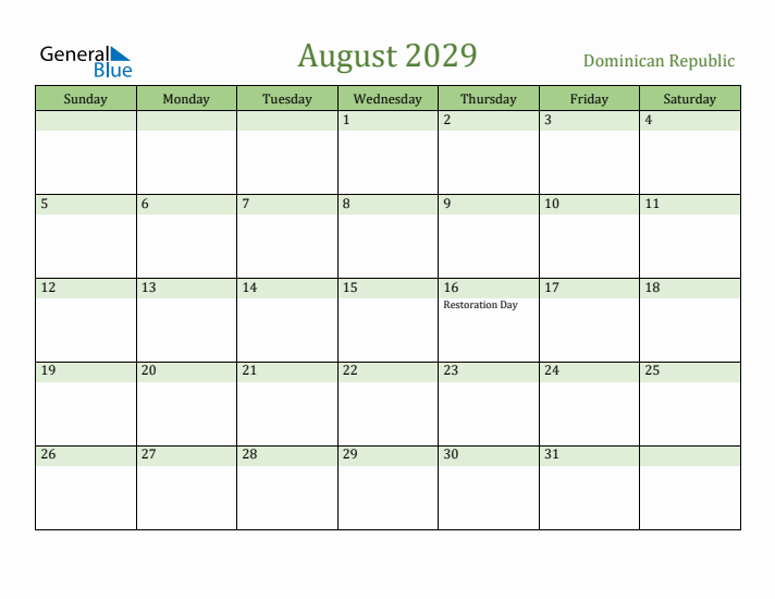 August 2029 Calendar with Dominican Republic Holidays