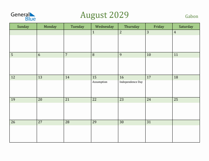 August 2029 Calendar with Gabon Holidays