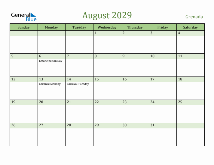 August 2029 Calendar with Grenada Holidays