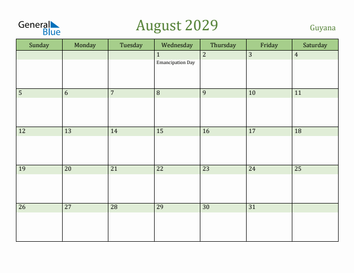 August 2029 Calendar with Guyana Holidays