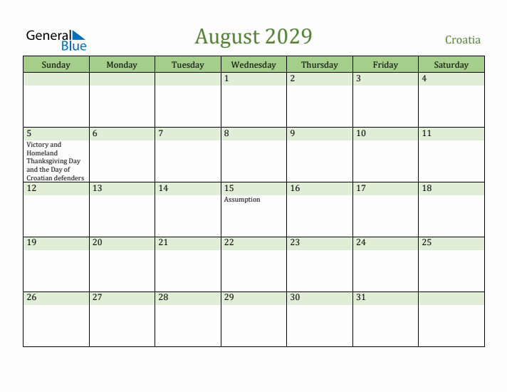 August 2029 Calendar with Croatia Holidays