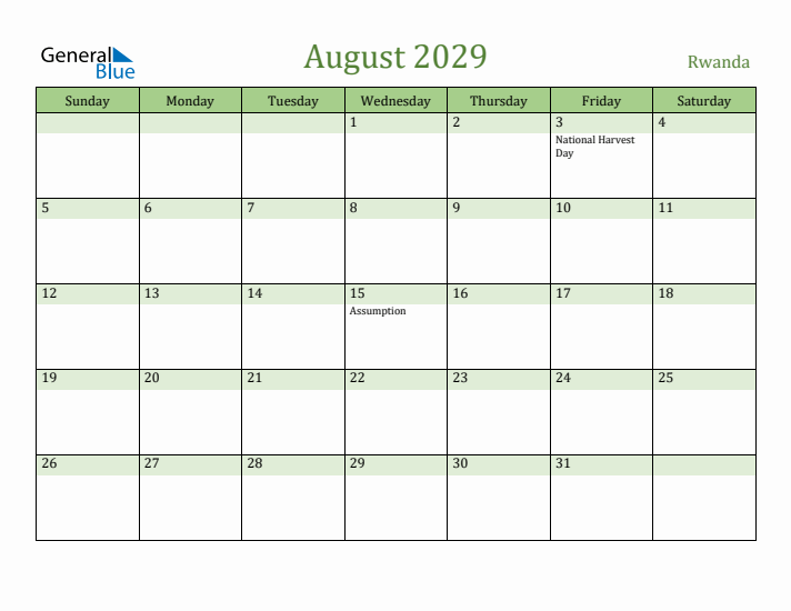 August 2029 Calendar with Rwanda Holidays