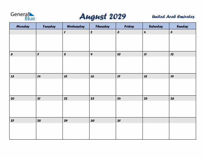 August 2029 Calendar with Holidays in United Arab Emirates