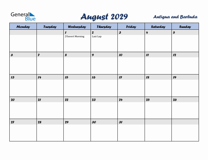 August 2029 Calendar with Holidays in Antigua and Barbuda