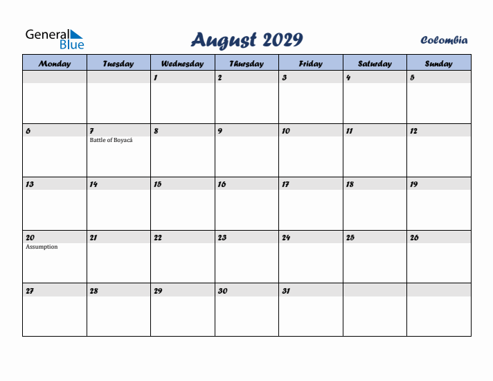 August 2029 Calendar with Holidays in Colombia