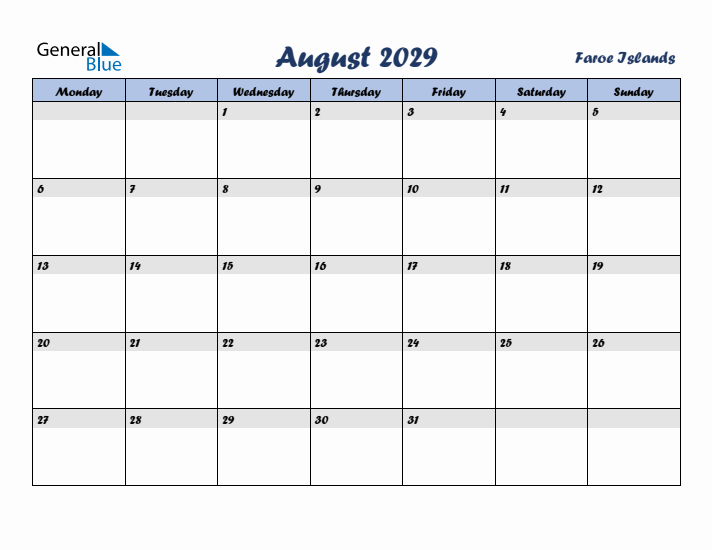 August 2029 Calendar with Holidays in Faroe Islands